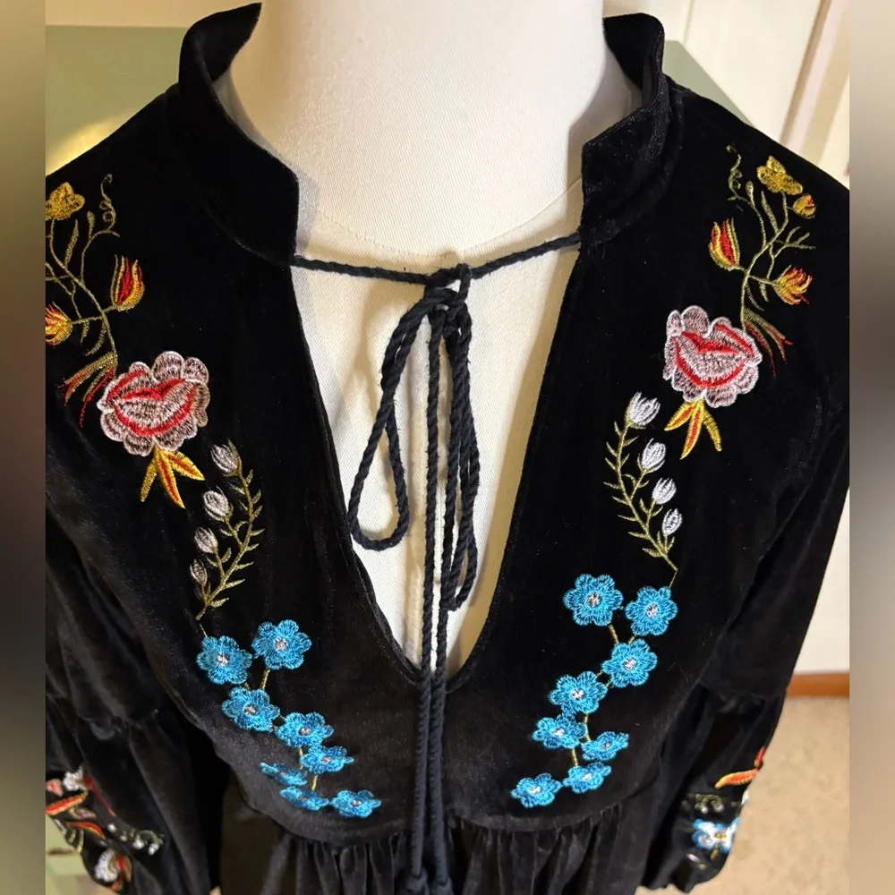 ASA Black Velvet Embroidered Floral Bohemian Style Dress - Picture 9 of 13